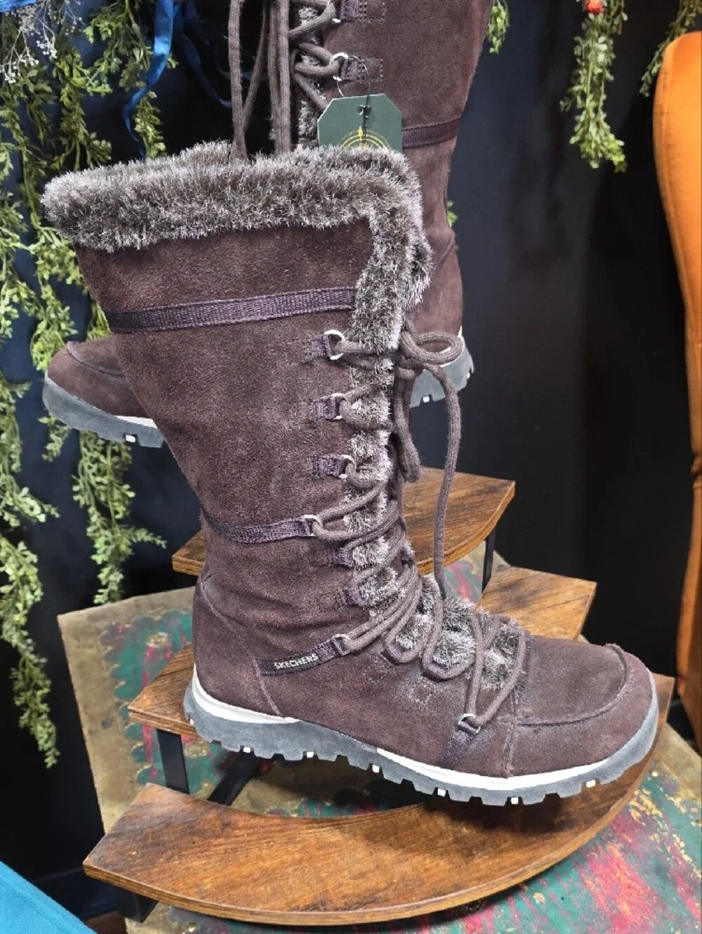 Skechers Women's Dark Brown Suede & Faux Fur-Lined Lace-Up Winter Boots